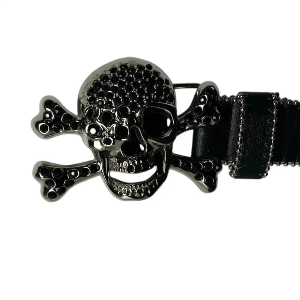 Pirate Belt Silver Rhinestone Skull Black Leather Glam Rock Goth Y2K Punk Grunge